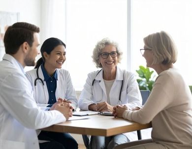 4 smiling doctors sitting around a table.