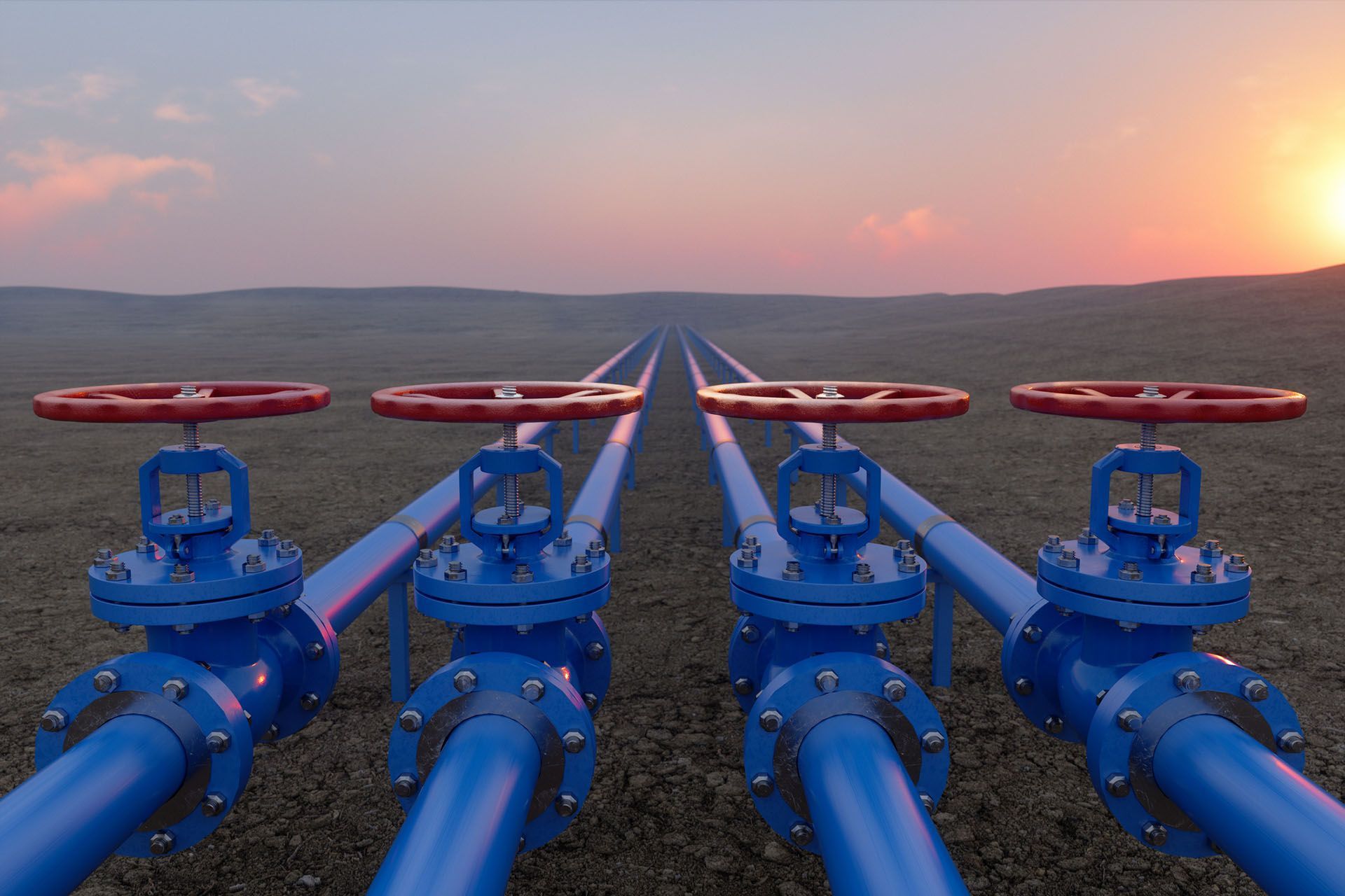 A row of blue pipes with red valves in a field