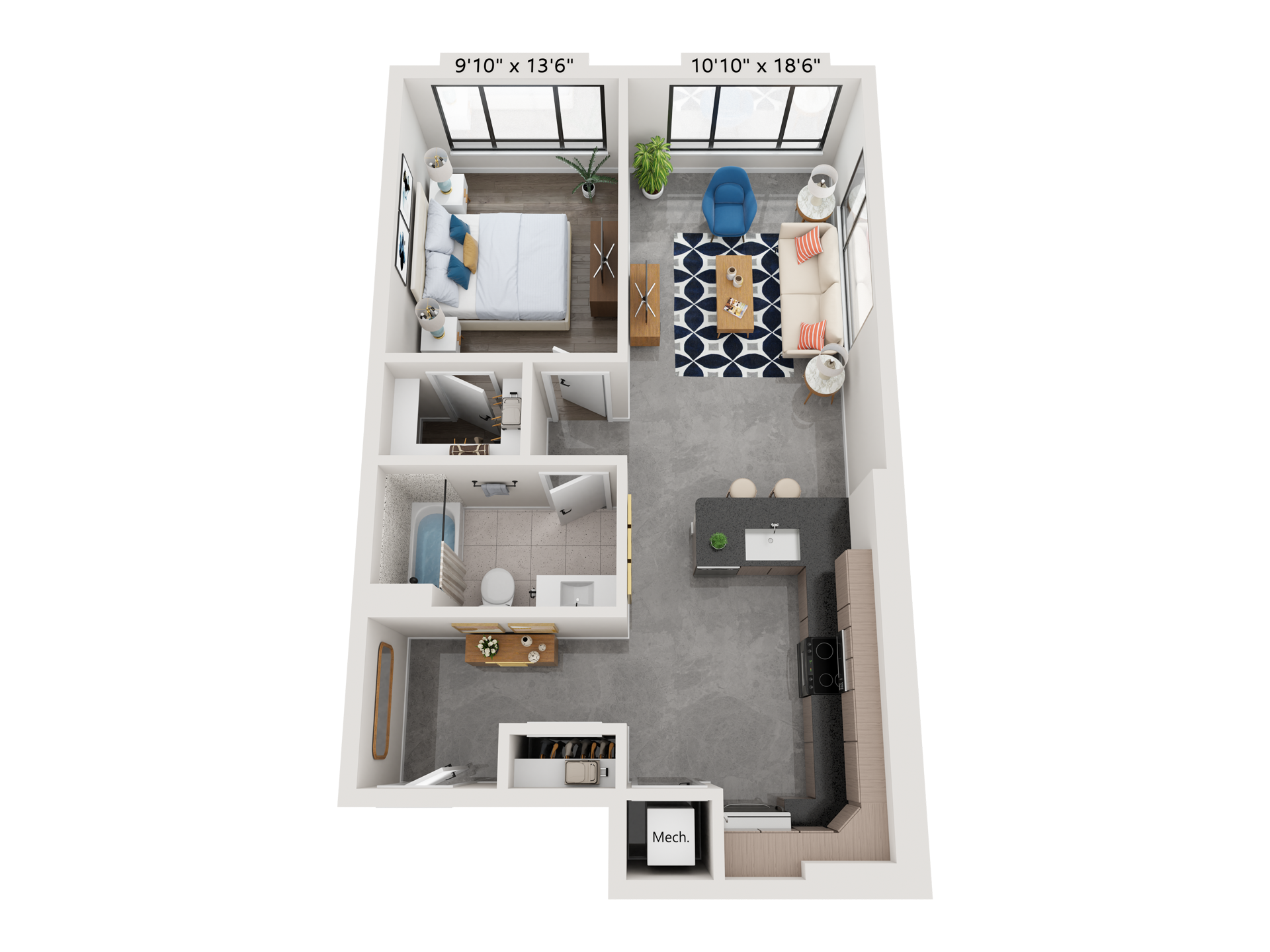 Floor plan of a studio apartment with bedroom, bathroom, living area, and kitchen.