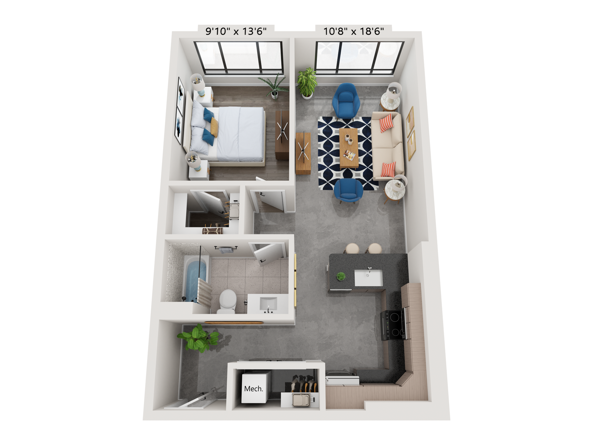 Floor plan of a studio apartment, featuring a bedroom, living area, kitchen, and bathroom.