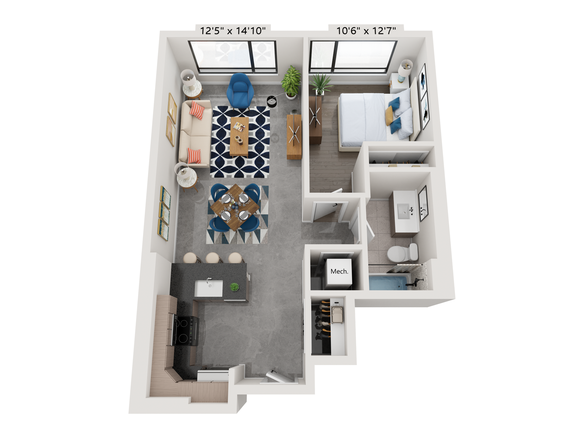 Floor plan of an apartment with a kitchen, living room, bedroom, and bathroom.