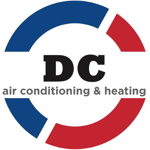 HVAC system with 'DC Air Conditioning & Heating' logo on the unit