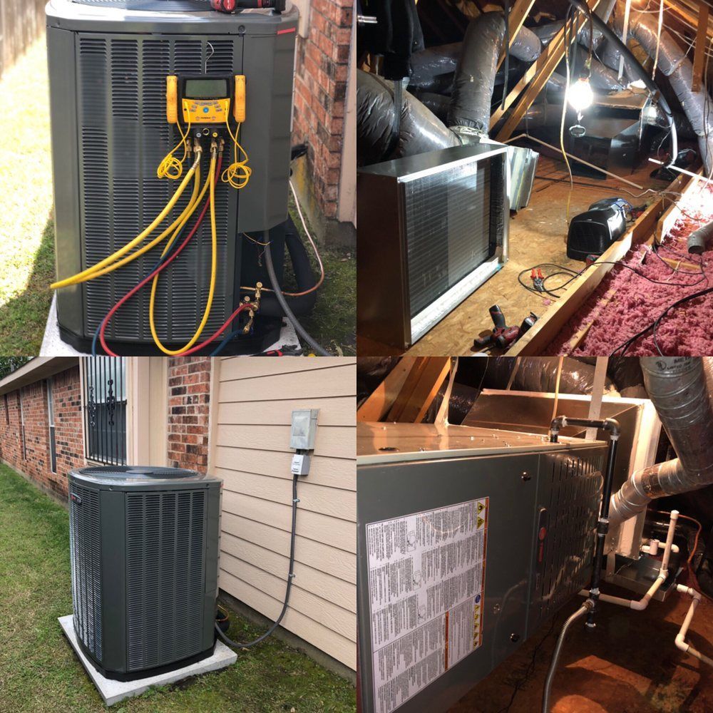 A collage of pictures of an air conditioner being installed in a house