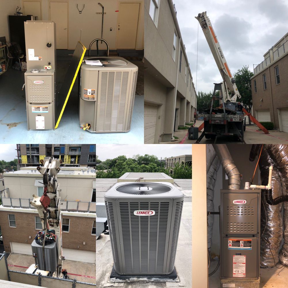 A collage of pictures of an air conditioner being installed