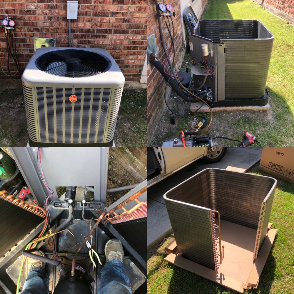 A collage of four pictures of an air conditioner being repaired.