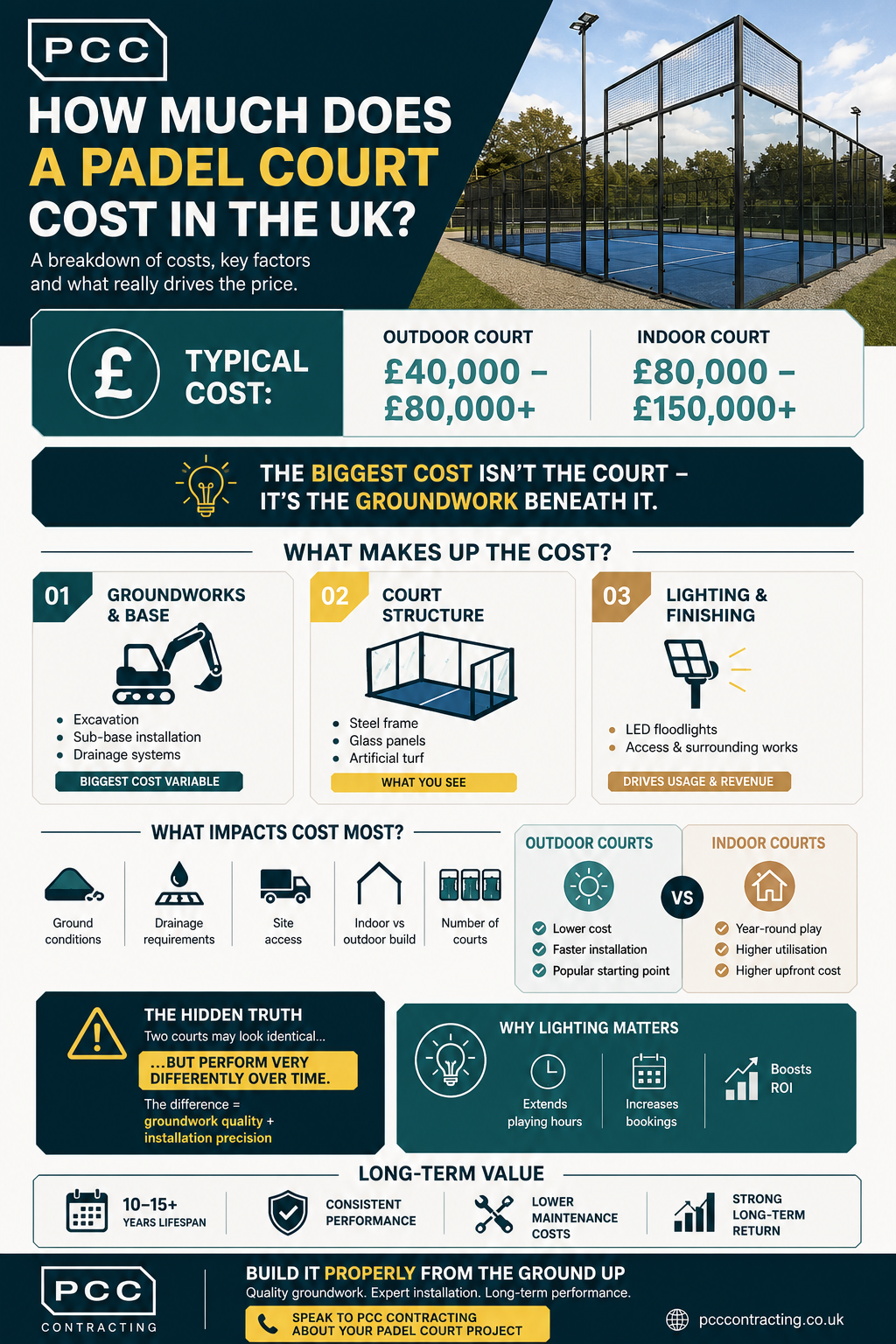 Poster outlining how much is costs to build a padel court in the UK, including groundworks, court structure and finishes. 
