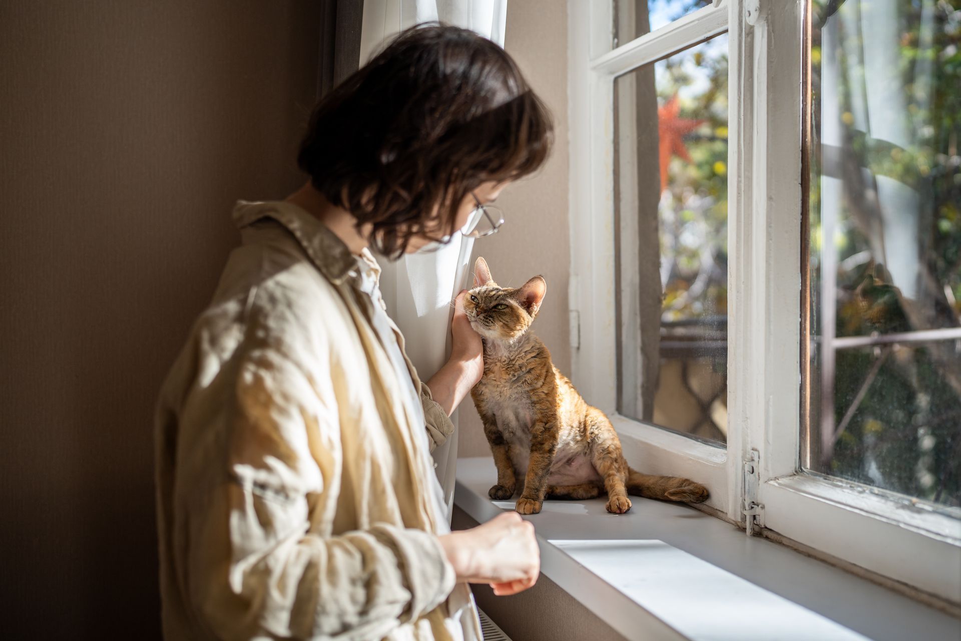Woman smiling, hugging golden retriever on a couch in a sunlit room.