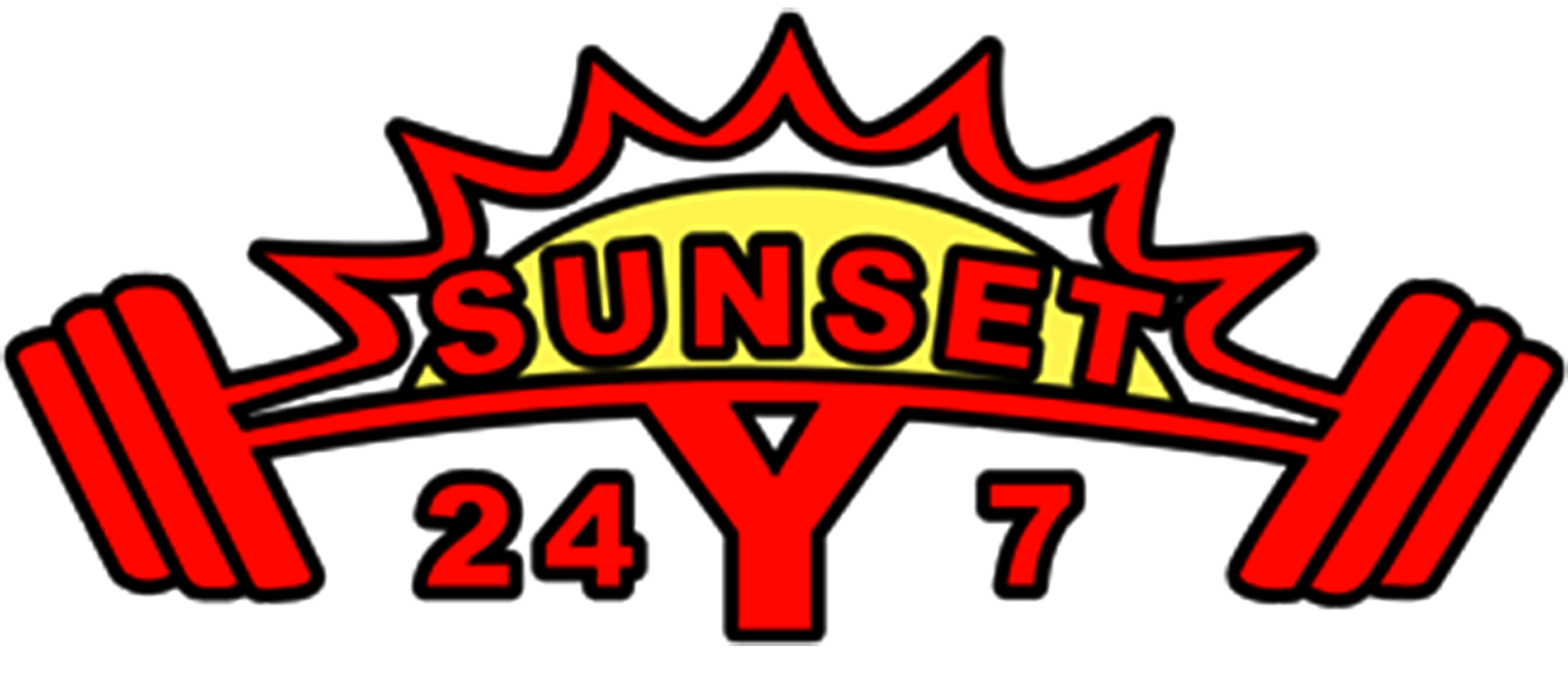 A logo for sunset 24 y 7 with a sun and dumbbells