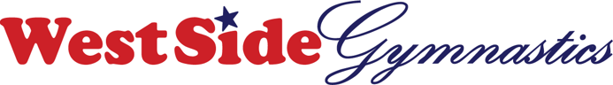 Logo for West Side Gymnastics, red text with a blue star, and script font.