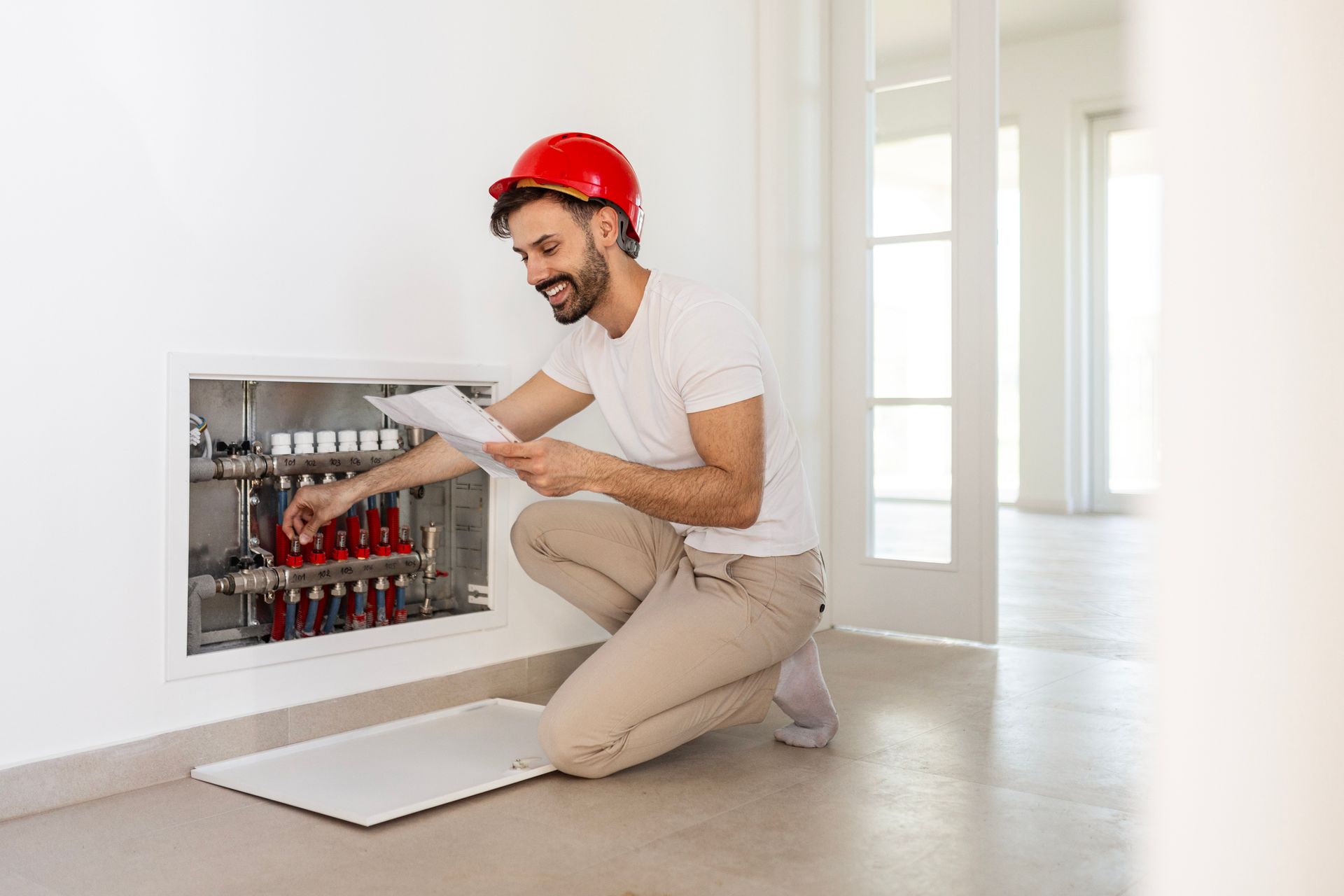 A man is working on a heating system installation.