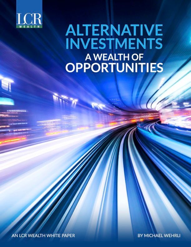Blue motion-streak cover titled “Alternative Investments: A Wealth of Opportunities” with LCR logo.