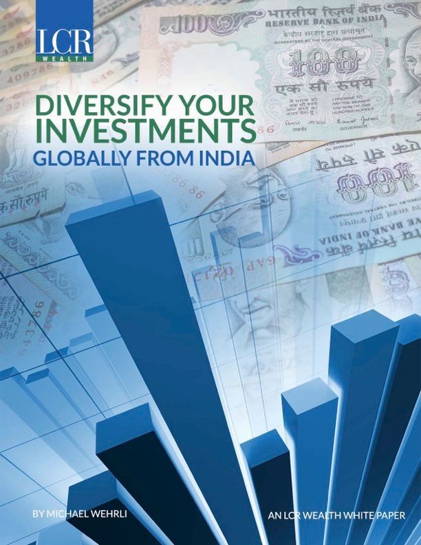 Blue 3D bar chart over currency notes with text “Diversify Your Investments Globally from India”