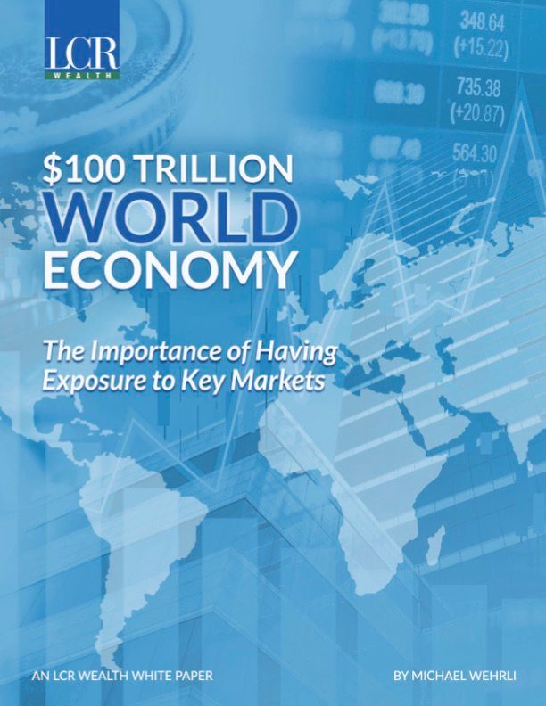 Blue financial report cover titled “$100 TRILLION WORLD ECONOMY” over a world map and stock chart graphics