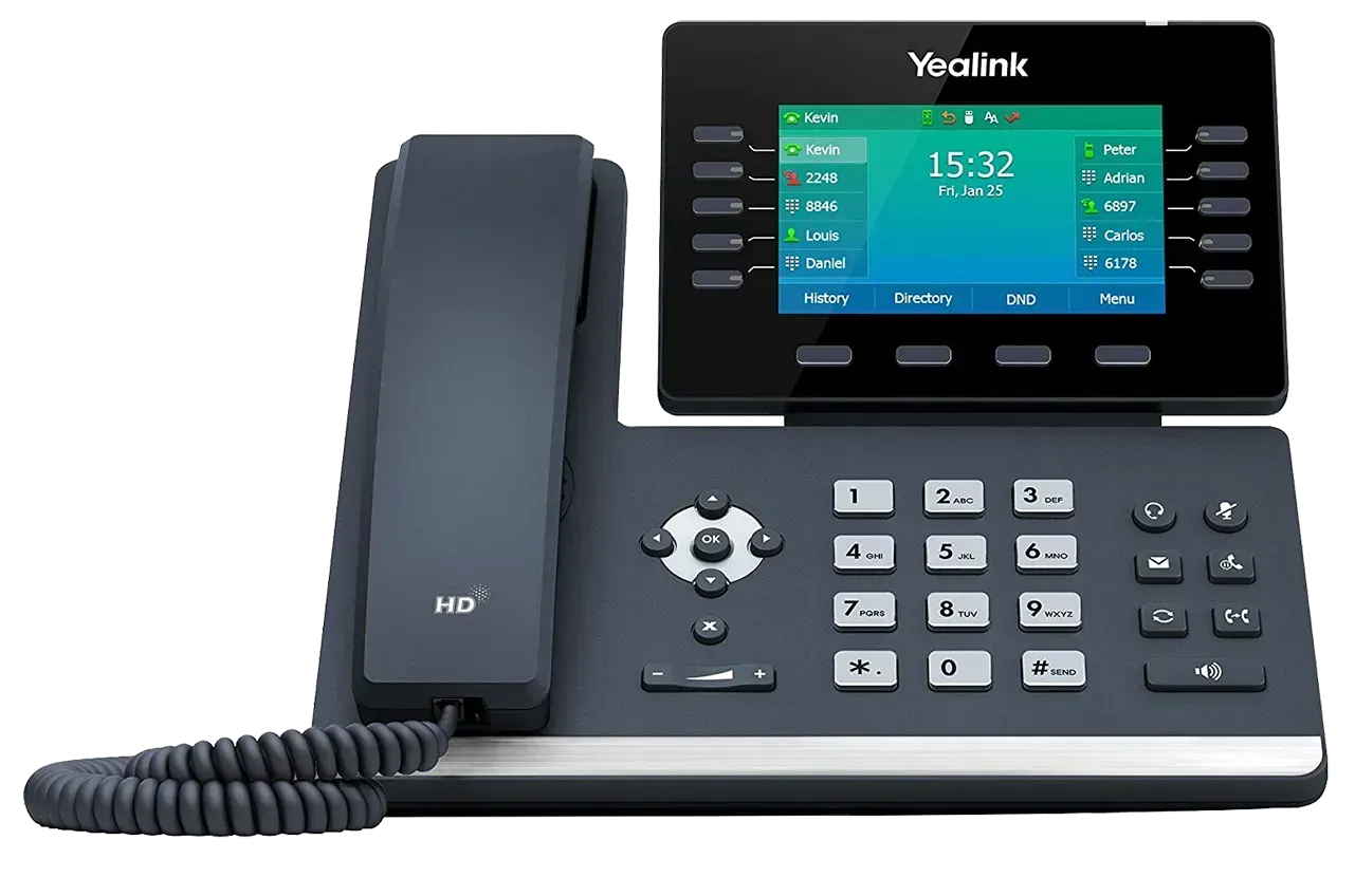 A telephone with a screen on top of it on a white background.