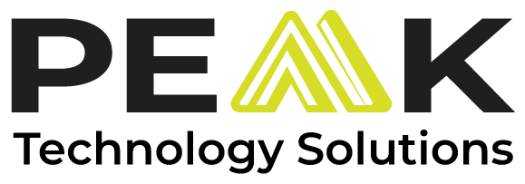 The logo for peak technology solutions is black and yellow.