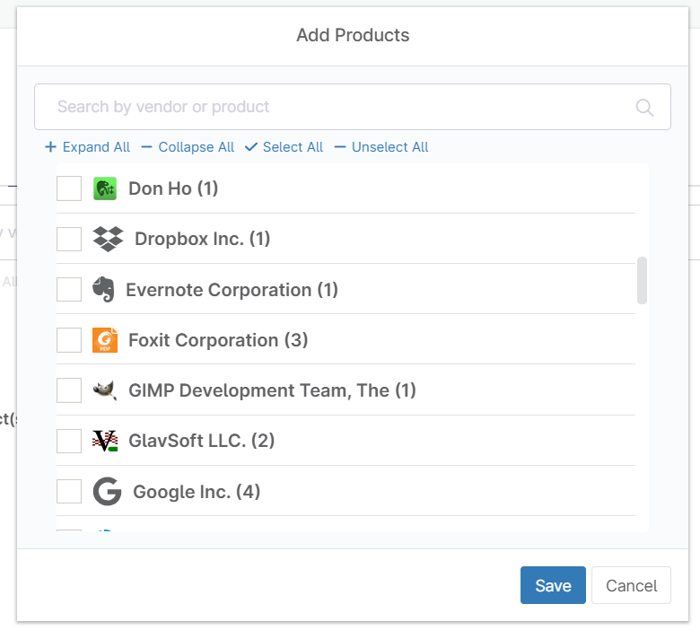 A screenshot of a add products page with a list of companies