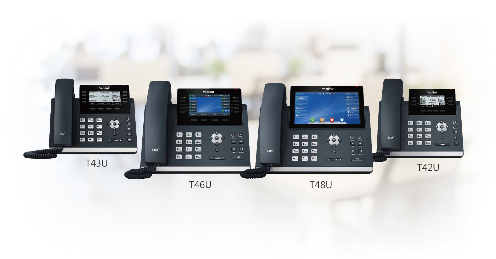A group of telephones sitting next to each other on a table.