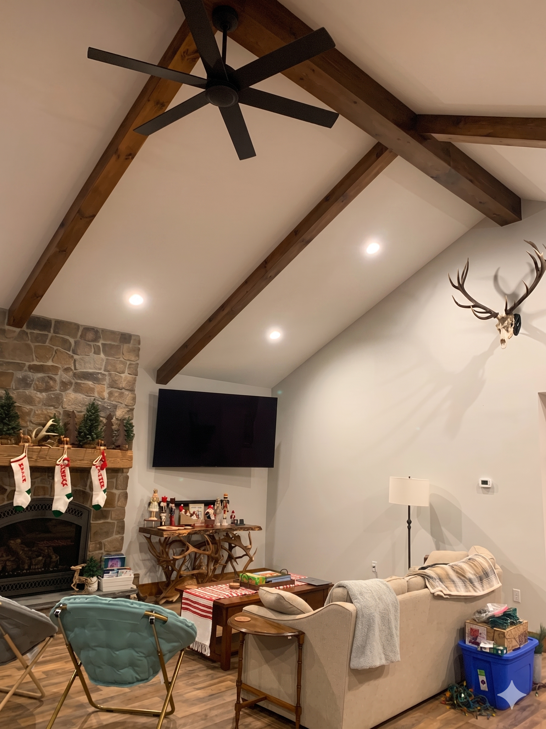 Cozy living room with vaulted wood beams, fireplace, TV, sofa, and mounted deer antlers