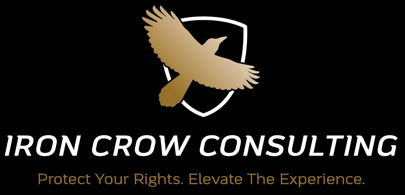 the logo for iron crow consulting shows a crow flying over a shield .