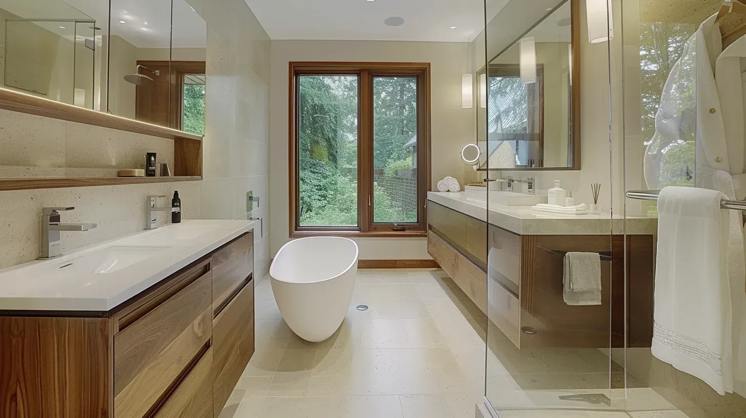 Vancouver bathroom remodeling experts installing quartz vanity top and undermount sink. Brushed nickel faucet and modern mirror complete the look. Designed for durability and moisture resistance.
Residential bathroom renovation Vancouver with double sink vanity and custom tile surround. Heated flooring system adds comfort during colder months. Completed by trusted local bathroom remodelers.
Metro Vancouver bathroom remodeling project using Schluter waterproofing and porcelain tiles. Frameless glass enclosure ensures clean modern lines. Backed by workmanship warranty from licensed contractors.
Luxury custom bathroom Vancouver featuring marble flooring and wall-mounted faucets. Freestanding tub positioned for spa-inspired ambiance. Built for long-term property value enhancement.
Vancouver bathroom remodel cost-effective upgrade with vanity refacing and plumbing fixture replacement. Updated lighting and waterproof flooring modernize the space. Affordable bathroom renovation solutions available.