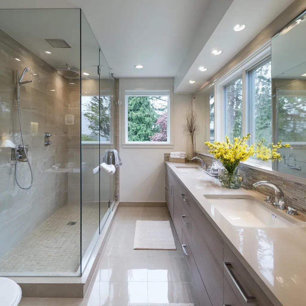 Vancouver BC bathroom renovation specialists installing walk-in shower bench and handheld shower fixture. Heated porcelain flooring ensures year-round comfort. Designed for accessibility and universal design standards.
Modern bathroom remodel Vancouver featuring matte black fixtures and recessed ceiling lighting. Waterproof membrane protects structural framing from moisture damage. Ideal for townhouse and detached home renovations.
Vancouver bathroom renovation contractors upgrading PEX plumbing and installing quartz countertop vanity. Custom cabinetry maximizes vertical storage space. Code-compliant electrical and plumbing upgrades included.
Spa-inspired bathroom renovation Vancouver BC with rainfall shower head and freestanding soaking tub. Frameless glass enclosure enhances open-concept design. Completed by experienced Metro Vancouver remodeling team.
Vancouver bathroom remodeling company performing full demolition and subfloor reinforcement. Porcelain slab shower walls reduce grout maintenance. Turnkey project management from start to finish.