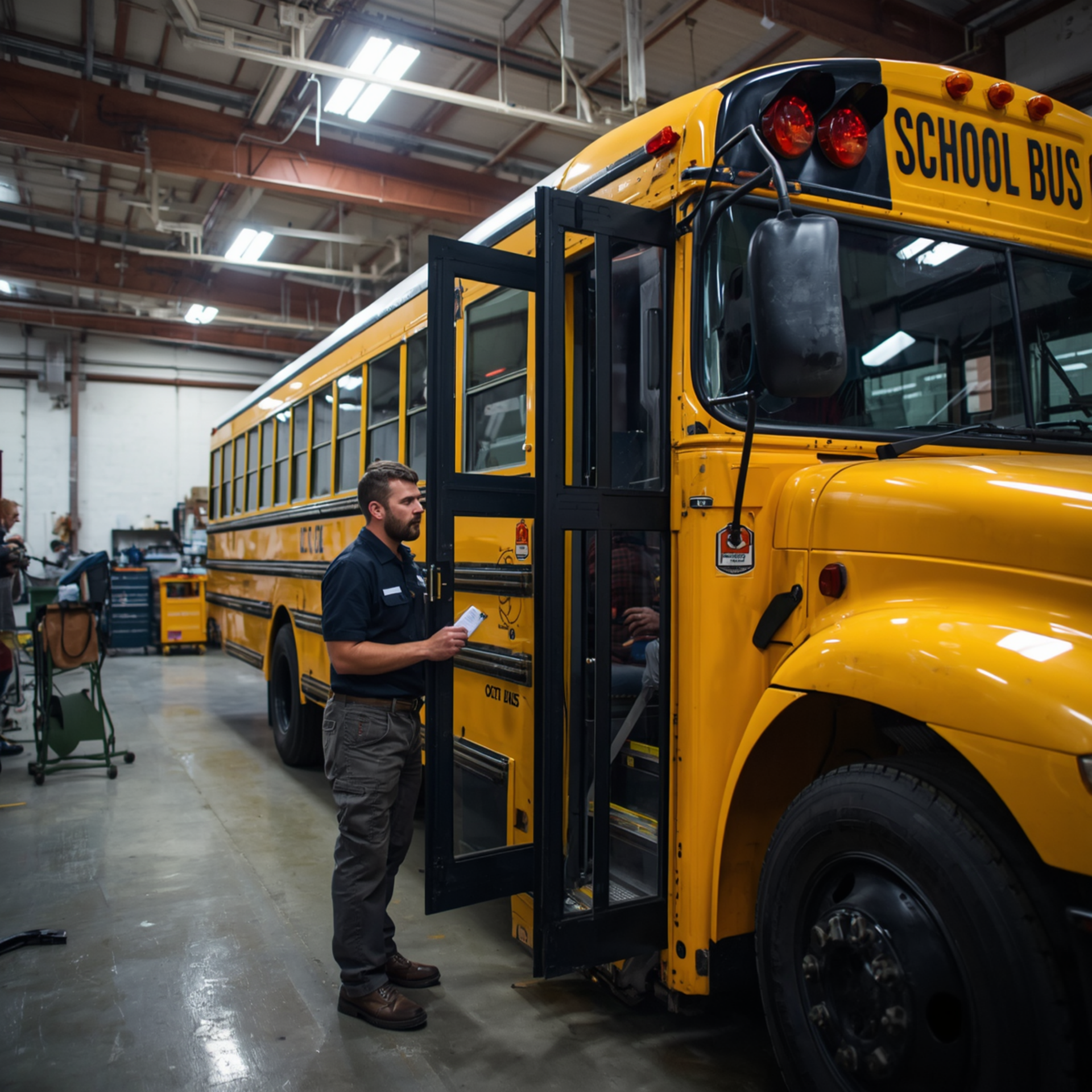 A school bus mechanic or transportation director inspecting or working on a bus in a district garage