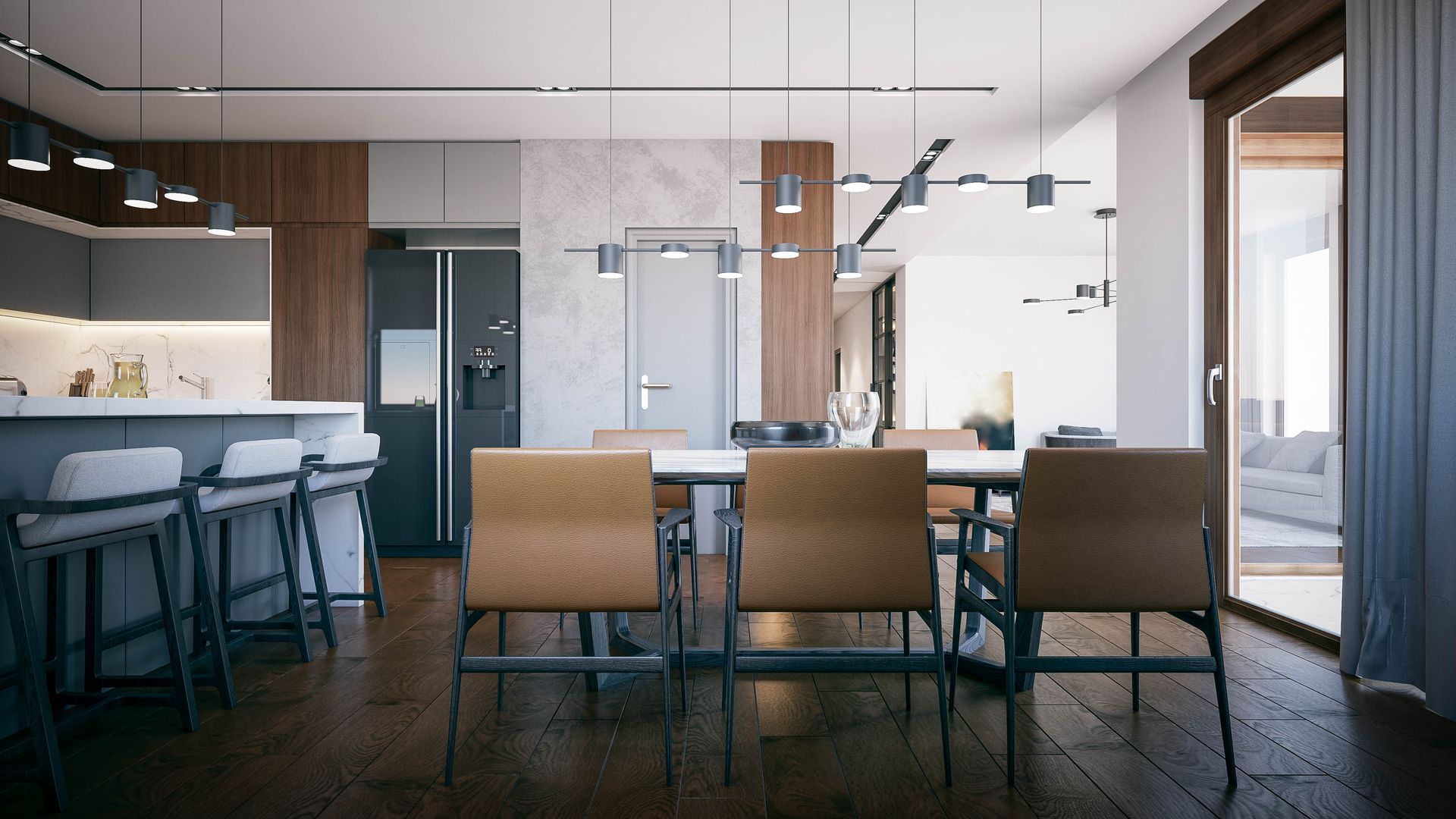 Una sala da pranzo con tavolo e sedie e una cucina sullo sfondo.