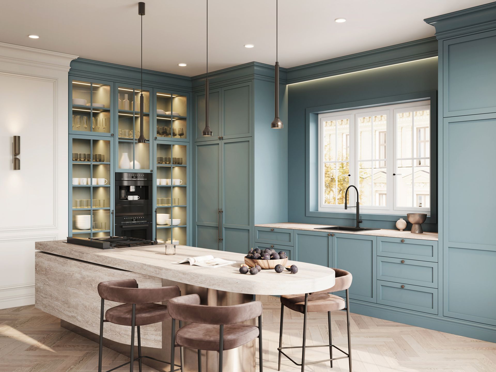 Una cucina con mobili blu e una grande isola al centro.