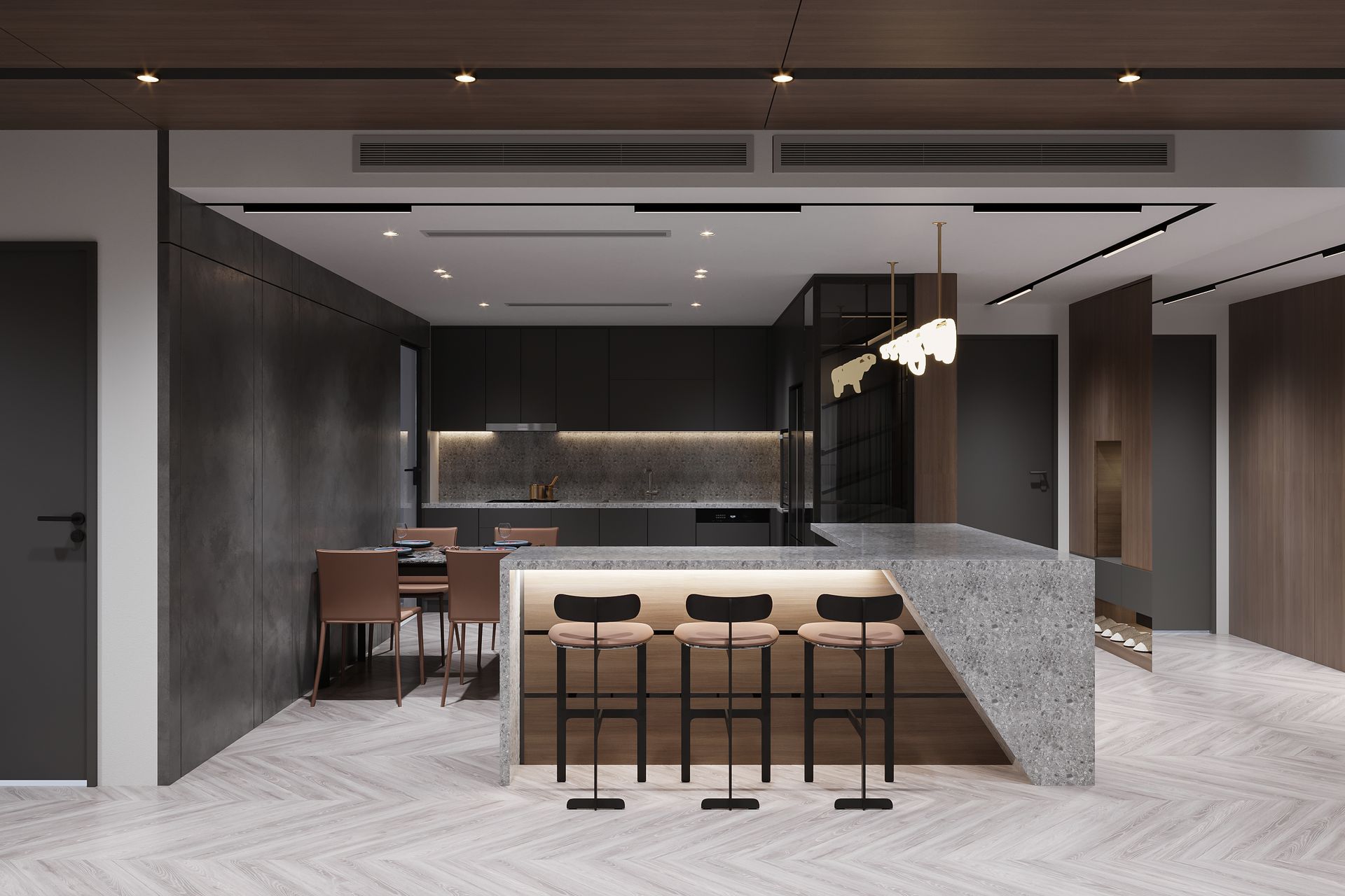 Una cucina moderna con una grande isola e sgabelli.