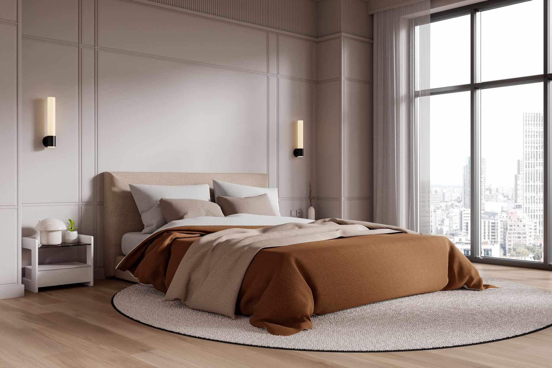 Una camera da letto con un letto grande e una grande finestra.