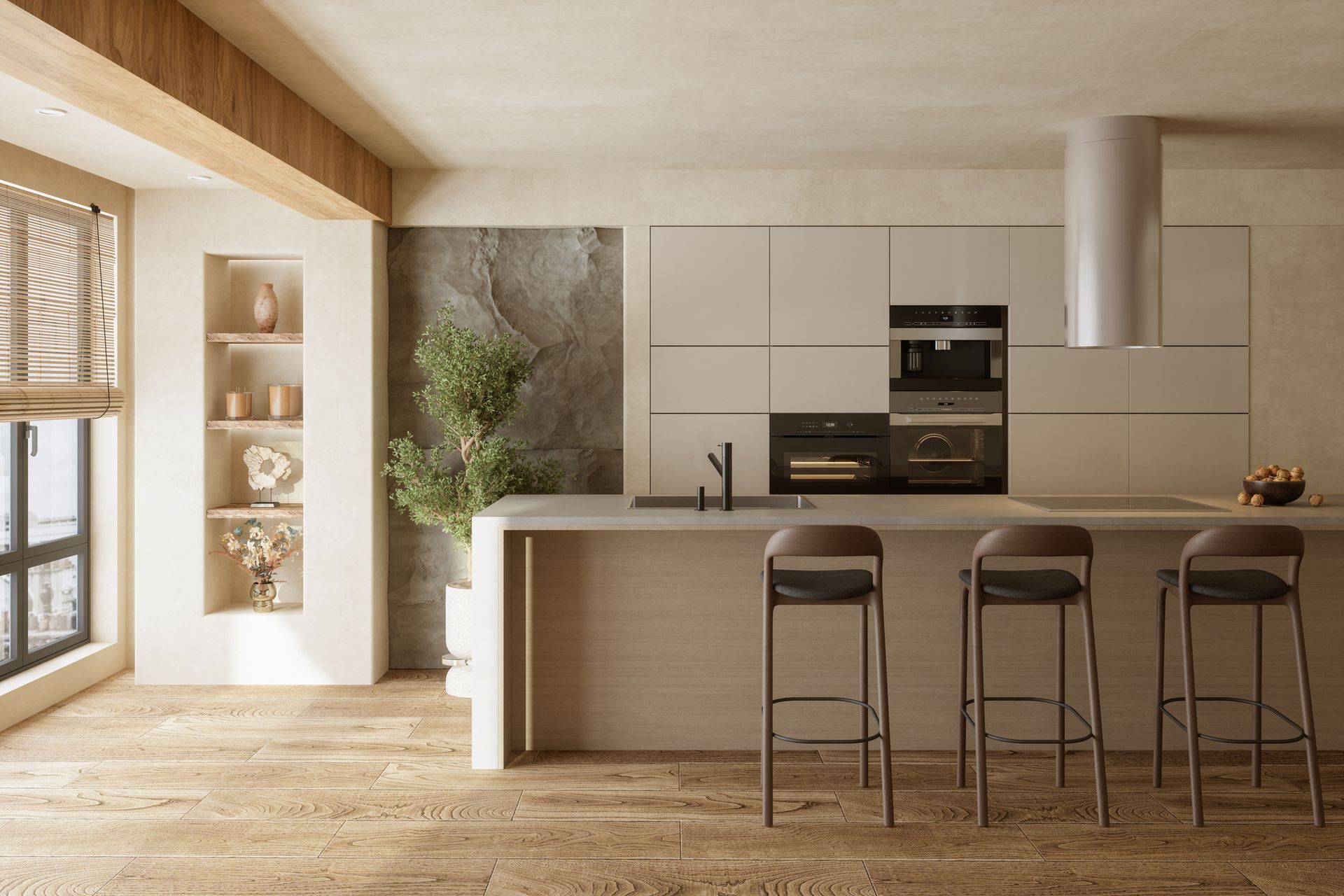 Una cucina con mobili bianchi, pavimenti in legno e sgabelli.