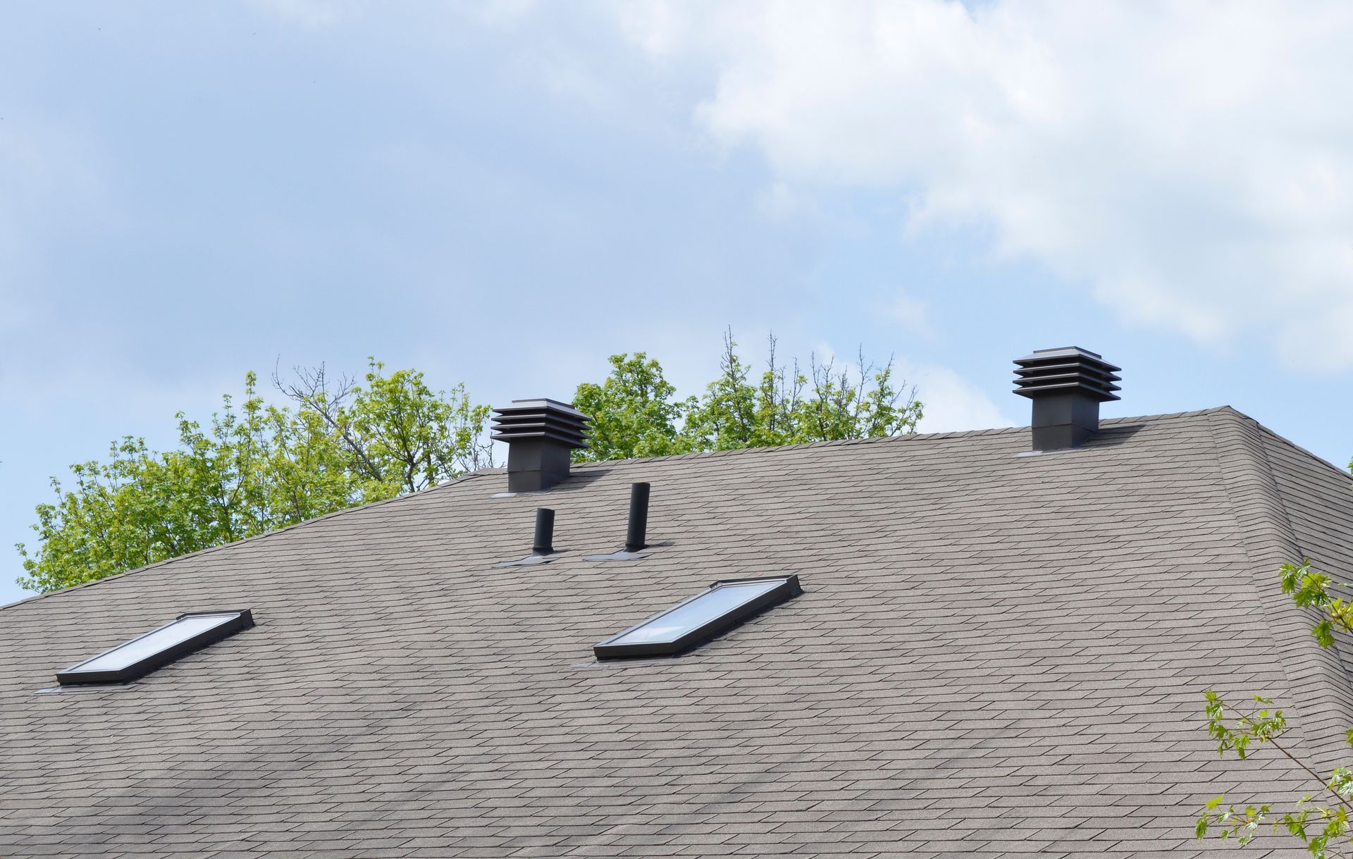 Rooftop with shingles, two skylights, and three black capped vents against a blue sky.