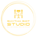 Logo for Rhythm Riot Studio: yellow circle surrounding a studio setup with text.