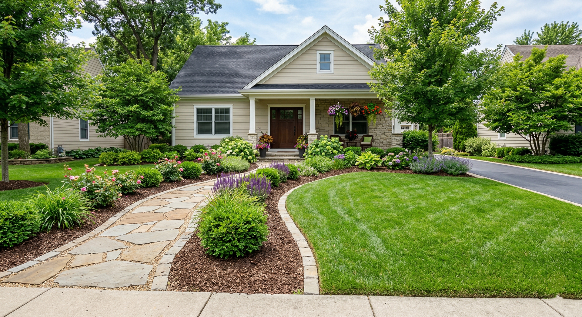 A stone walkway leads to the front door of a suburban home with a manicured lawn and landscaping in the front yard.