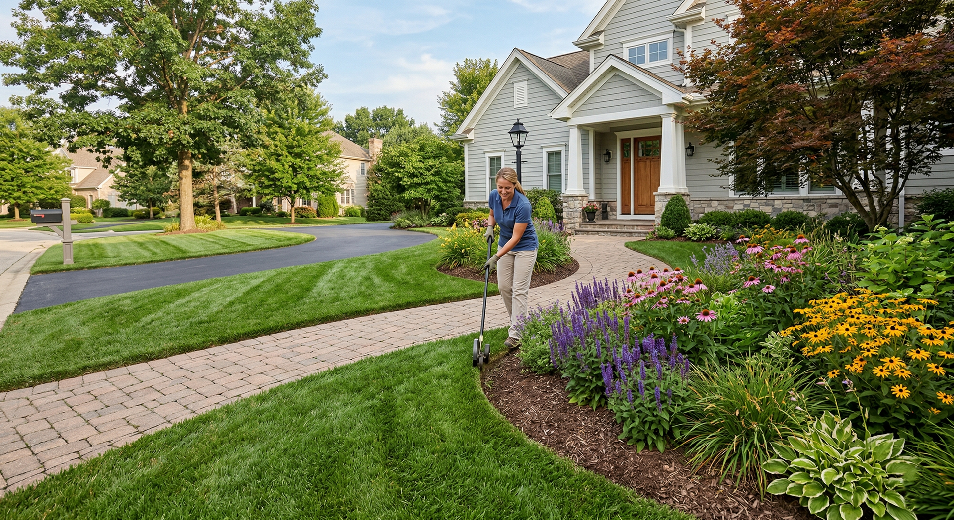 A person edging the grass along a stone walkway in a manicured suburban front yard.