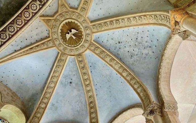 A close up of a ceiling with a bird on it
