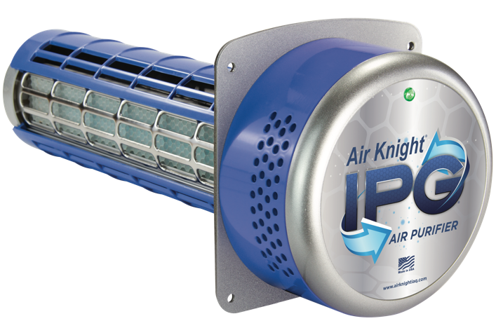 Air Knight IPG air purifier, blue and silver, with a cylindrical design and a filter.