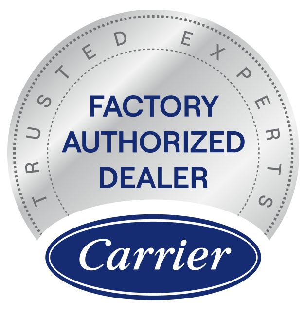 Carrier Factory Authorized Dealer badge. Silver circle with blue text, Carrier logo below.