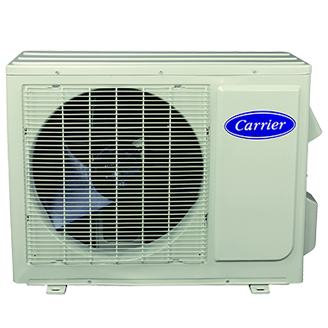 Carrier air conditioning unit with fan behind a metal grille. Outdoor, beige.