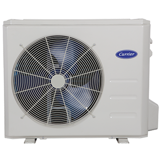 Outdoor Carrier air conditioning unit, white, with a fan and blue blades.