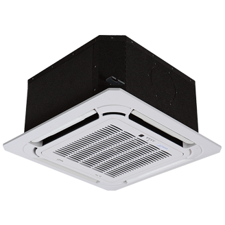 White and black ceiling-mounted air conditioning unit with vents.