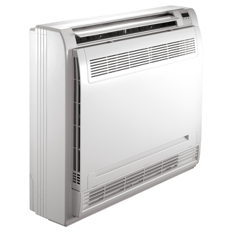 White floor-standing air conditioning unit with horizontal vents.