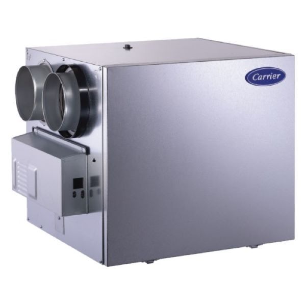 Carrier whole-house dehumidifier with two circular vents on a boxy metal unit.