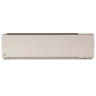 Toshiba wall-mounted air conditioner in a neutral color, with vents and a logo.
