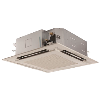 Ceiling-mounted air conditioner unit. White square panel with vents, metal housing, installed in a ceiling.