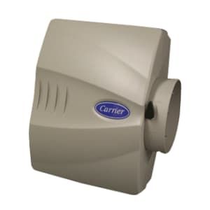 Tan Carrier humidifier with blue logo, air vent, and cylindrical duct on the side.