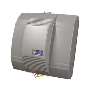 Gray Carrier humidifier. Rectangular, with a blue logo and ventilation.