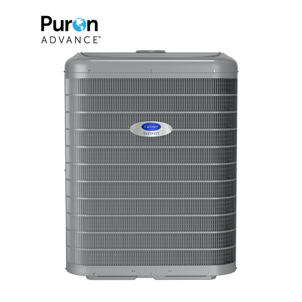 Gray Carrier air conditioning unit with Puron Advance branding.