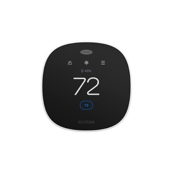 Black and white Ecobee smart thermostat displaying 72 degrees.
