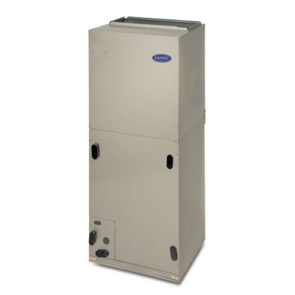Tan Carrier air handler. Rectangular, vertical unit with vents and access panels.